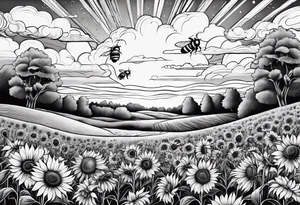 dreamy sunflower meadow valley with two large bumble bees occupying the sky with perfect cumulous clouds tattoo idea