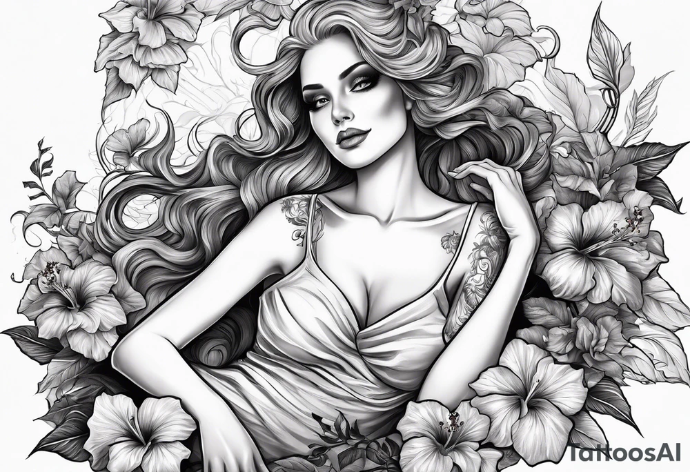 a  female skeleton laying in a bed of hibiscus flower. tattoo idea