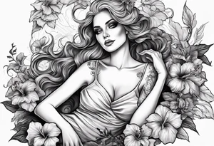 a  female skeleton laying in a bed of hibiscus flower. tattoo idea