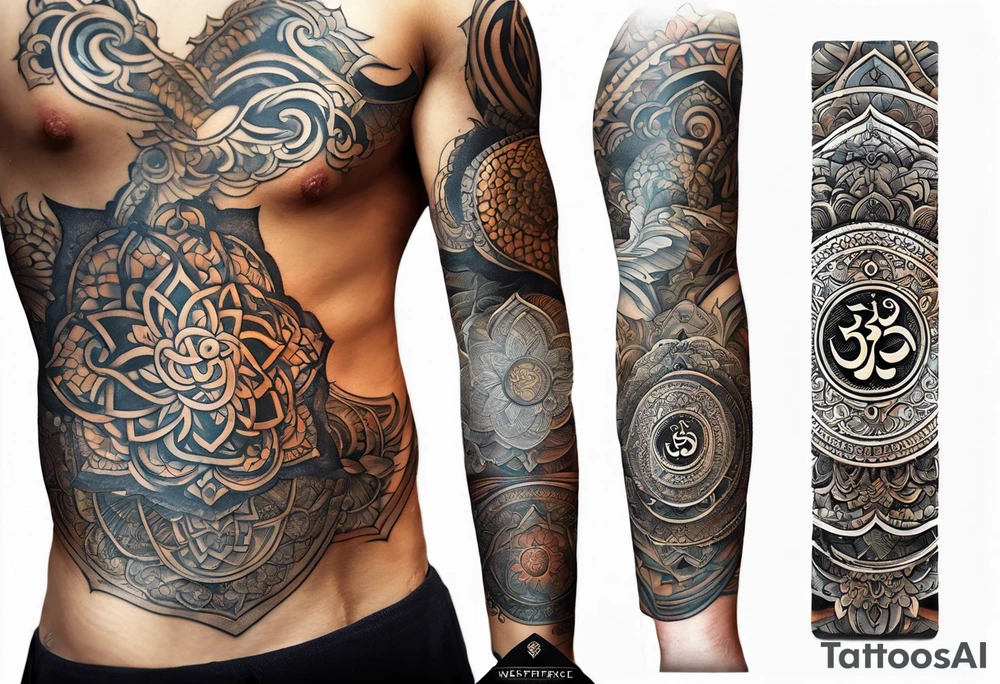 Forearm sleeve based around Sanskrit Om symbol for breathe tattoo idea