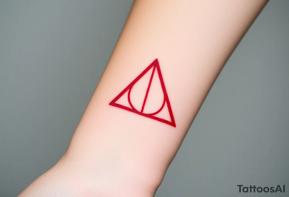 A minimalist Deathly Hallows  full symbol outline in red ink tattoo idea