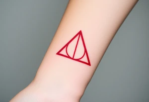 A minimalist Deathly Hallows  full symbol outline in red ink tattoo idea