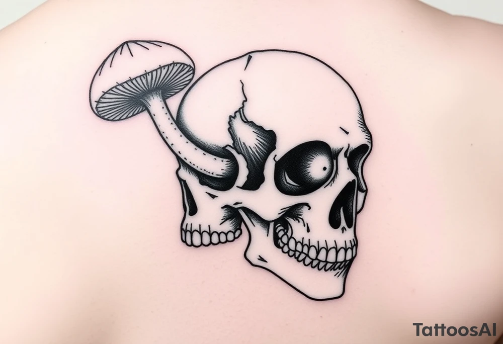 right side of a skull with grown out mushroom flying out of its eyes tattoo idea
