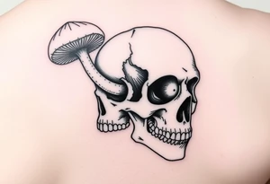 right side of a skull with grown out mushroom flying out of its eyes tattoo idea