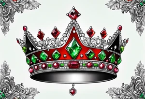beautiful, intricate, royal queens crown, diamonds, gold, silver, jade.peridot, pearls, rubies tattoo idea