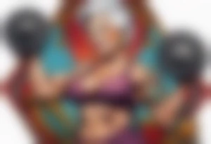 Muscular old lady bodybuilder posing. tattoo idea