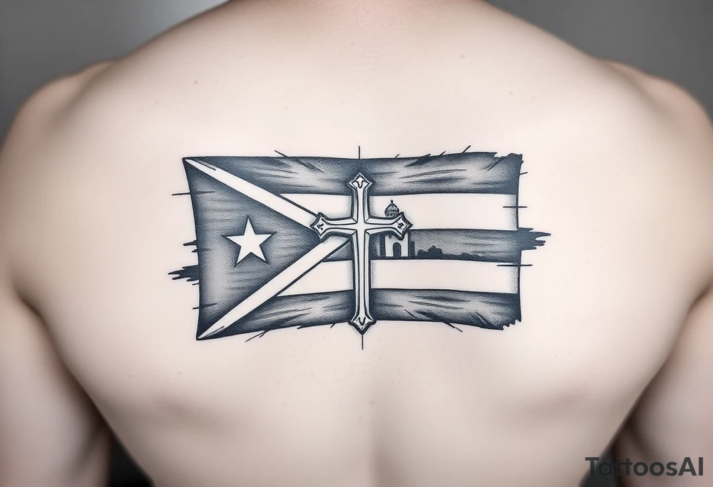 puerto rican flag , cross, old san juan in the background tattoo idea