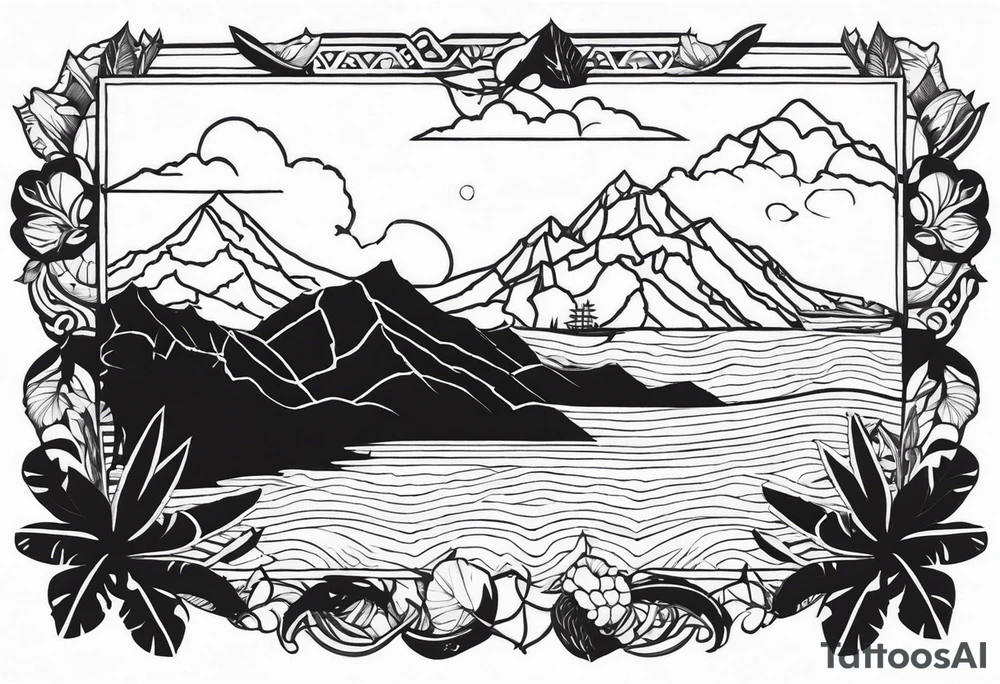 Map of the eastern Caribbean islands with an ocean view of the island mountains across the sea in the background tattoo idea