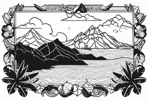 Map of the eastern Caribbean islands with an ocean view of the island mountains across the sea in the background tattoo idea