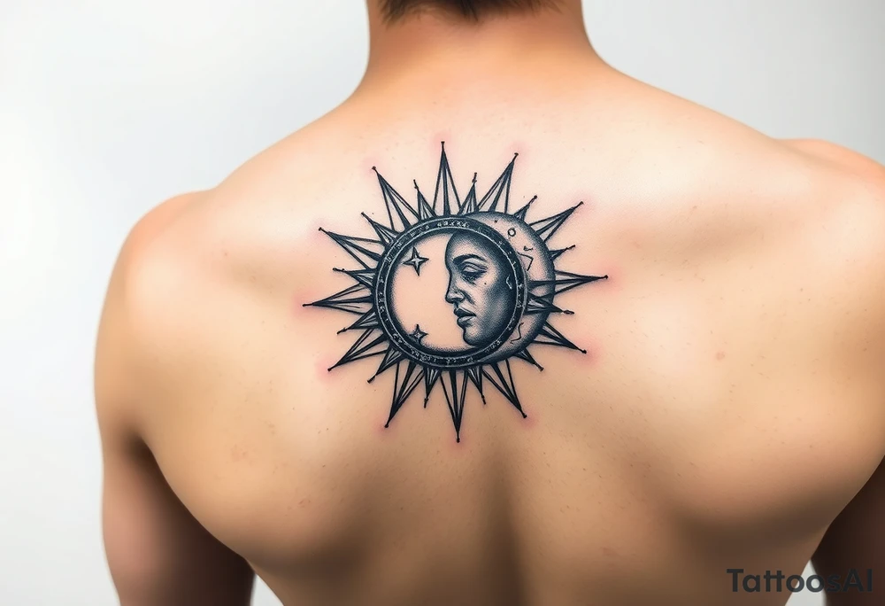 celestial sun and moon embrace with constellation patterns tattoo idea
