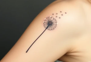 A dandelion releasing tiny seeds that turn into glowing stars, with a soft white and golden glow, symbolizing dreams and wishes for the child’s future. tattoo idea