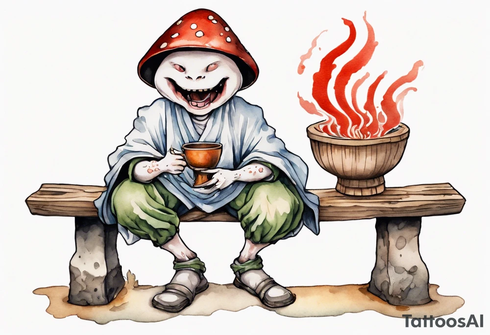 a mushroom-creature wearing a  medieval tunic sitting on a bench by a fireplace drinking from a wood cup, laughing tattoo idea