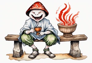 a mushroom-creature wearing a  medieval tunic sitting on a bench by a fireplace drinking from a wood cup, laughing tattoo idea