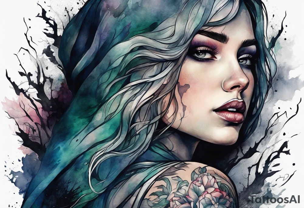 Courageous Woman with a tear running down her face walking out of a graveyard  leaving her old terrifying, scary, violent past behind her ethereal and mysterious tattoo idea