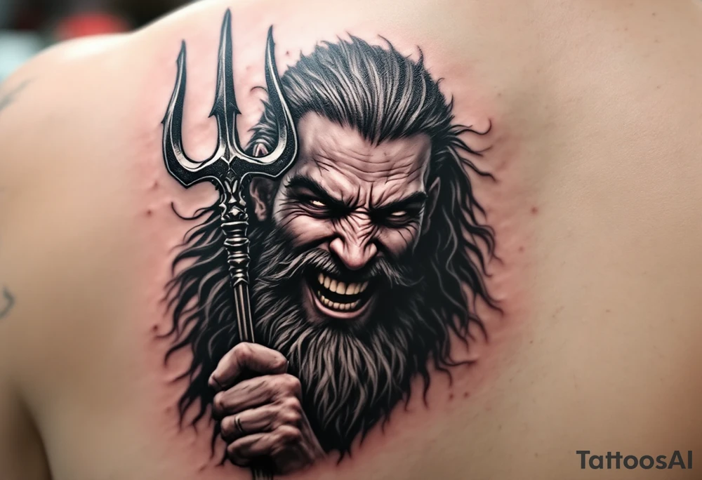 laughing poseidon, behind a trident, looking at his nose tattoo idea