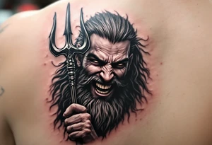 laughing poseidon, behind a trident, looking at his nose tattoo idea