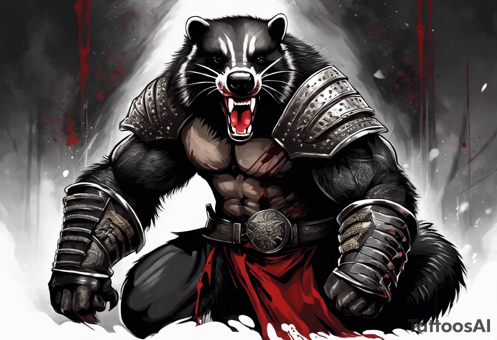 Draw me psychopath Honey Badger/Berserker with aggressive full body, killer face with a scary smile, very long nails and he attacks like a Bloody Assassin/Warrior/Gladiator to us and also, he has very deadly looking. He fights with his nails. Everybody scares after their first sight. Give me horror type Badger Tattoo. I want to see his Realistic full body. tattoo idea
