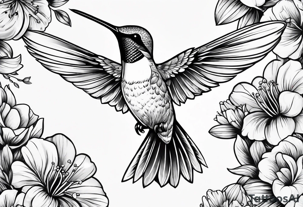 Humming bird surrounded by beautiful flowers tattoo idea