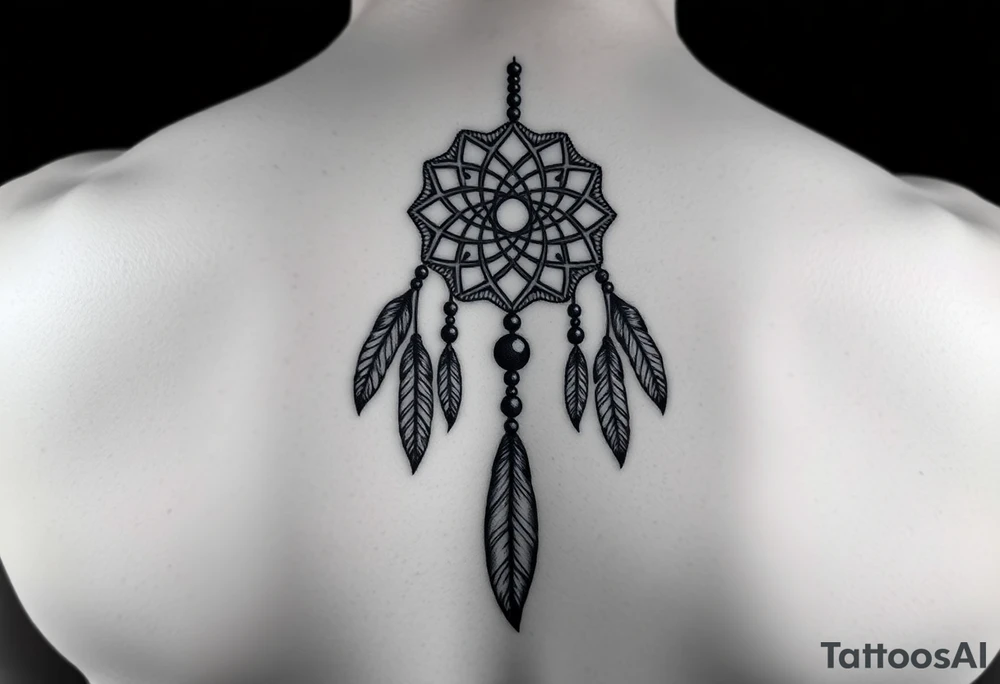 native dreamcatcher with flowing feathers and sacred beads tattoo idea