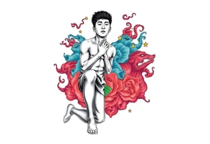 Handsome Asian young guy is standing on his knees upset tattoo idea