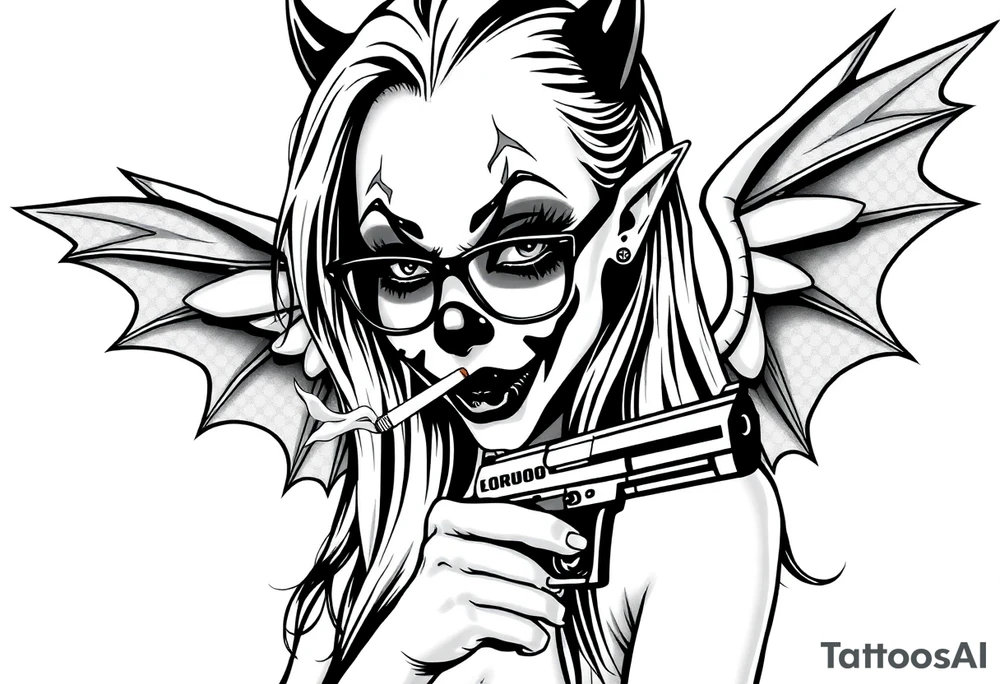 beautiful long hair Clown Girl thug eyeglasses devil wings smoking a cigarette holding a gun tattoo idea