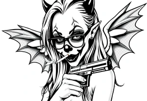 beautiful long hair Clown Girl thug eyeglasses devil wings smoking a cigarette holding a gun tattoo idea