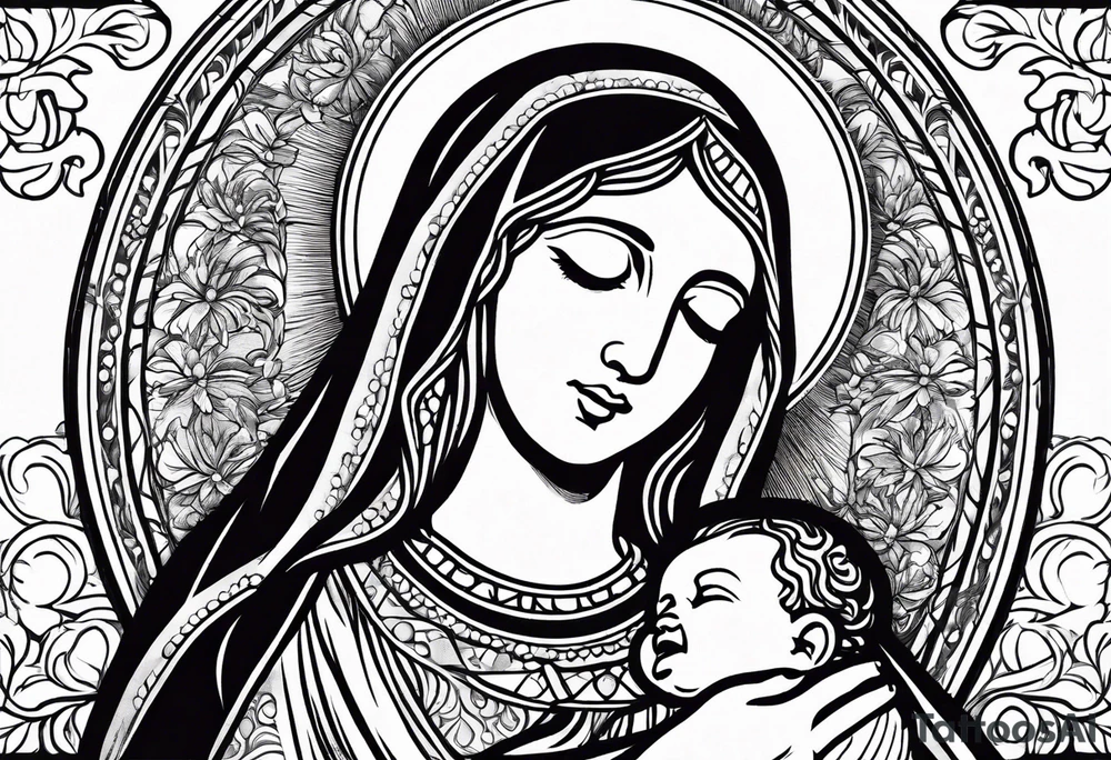 Mary holding baby Jesus in her arms crying tattoo idea
