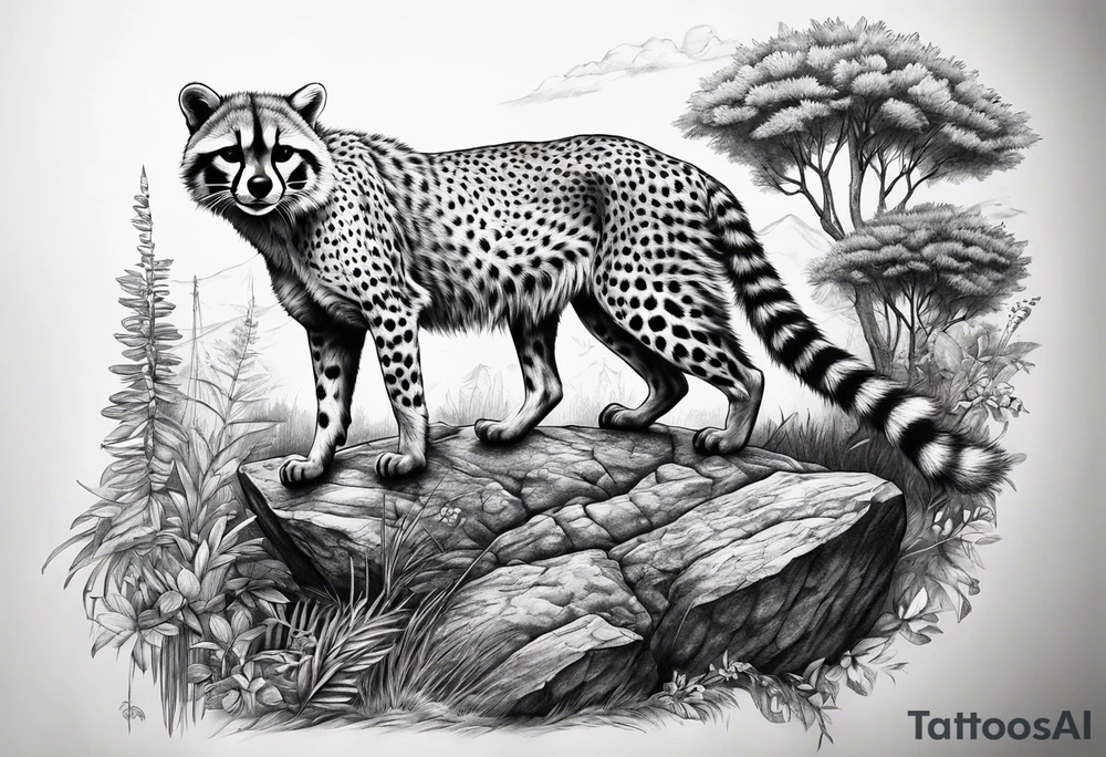 full body cheetah and raccoon climbing on it tattoo idea