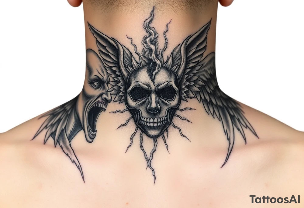 Dark fantasy neck tattoo. A demonic face screaming toward a screaming angel on opposite sides of the neck, both facing inward. Between them, in the center front of the neck, a broken mask splitting into light and darkness, with smoke and energy flowing from the cracks. Black and grey realism, high contrast, detailed linework, dramatic shadows. tattoo idea