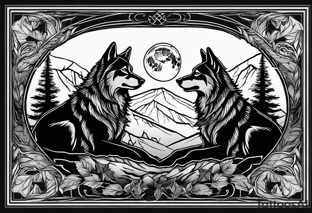 Mountain peaks
Two wolves sitting at end of trail
Moon
Dark woods tattoo idea