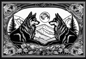 Mountain peaks
Two wolves sitting at end of trail
Moon
Dark woods tattoo idea