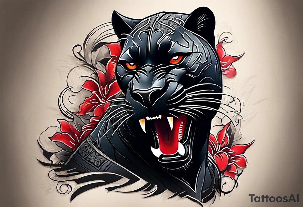 unique black panther tattoo, dynamic pose, showcasing its strength and grace, striking red eyes, intense and captivating elements, artistic flair, blending realism with abstract elements tattoo idea