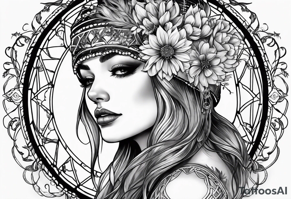 Blindfolded woman looking over a large dream catcher with the scorpio zodiac in the center queen Ann's lace flowers hanging from the bottom tattoo idea