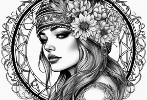 Blindfolded woman looking over a large dream catcher with the scorpio zodiac in the center queen Ann's lace flowers hanging from the bottom tattoo idea