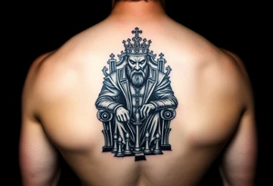 Man facing life’s fierce battles and sits on throne as a king playing chess tattoo idea