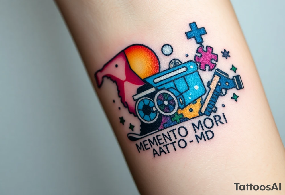 colorful futuristic memory tattoo for passed boyfriend; Florida, gulf coast water, Harley Davidson, skateboarding, puzzle pieces, video games, heaven, god, outdoors, guns, disc golf, words "MEMENTO MORI" tattoo idea
