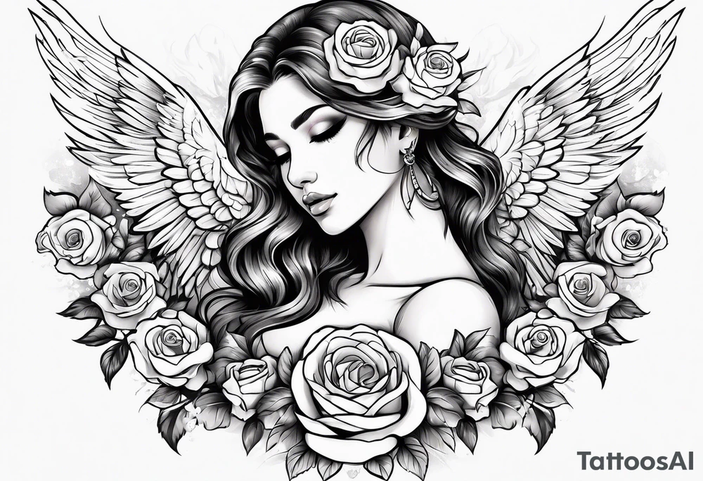 Beautiful woman angle with wings standing surrounded by roses tattoo idea