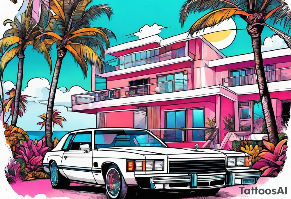 1980's miami vice style beach party, tattoo idea