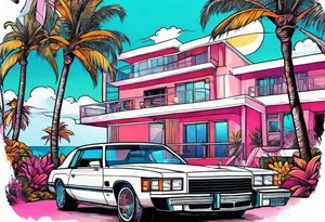 1980's miami vice style beach party, tattoo idea