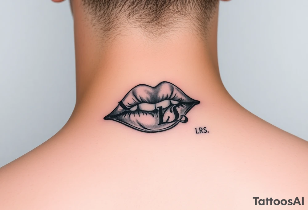 Feminine lip stain tattooed on the neck with the initials lrs beside it tattoo idea