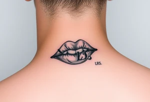 Feminine lip stain tattooed on the neck with the initials lrs beside it tattoo idea