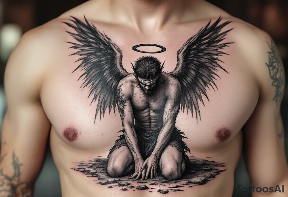 Lucifer Morningstar fallen angel on knees down head looking nonsense dropped hands on ground, 
Blindfold,
While his gratful wings scattered in the sky,
With shining halo tattoo idea