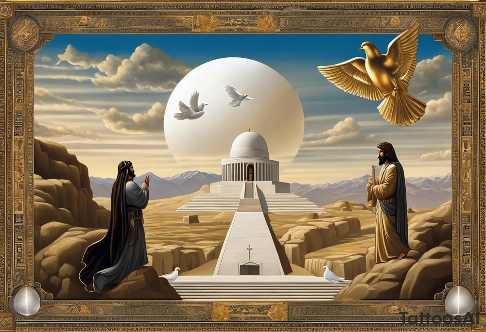 A surreal tattoo and dramatic scene featuring two figures: Cyrus the Great and Jesus Christ, standing side by side. The tomb of Cyrus the Great is in the background, partially visible, symbolizing history and legacy. A white dove is flying gracefully above or near them, symbolizing peace. The image is integrated seamlessly to create a powerful and unified visual representation. The composition should evoke a sense of reverence, unity, and tranquility. tattoo idea
