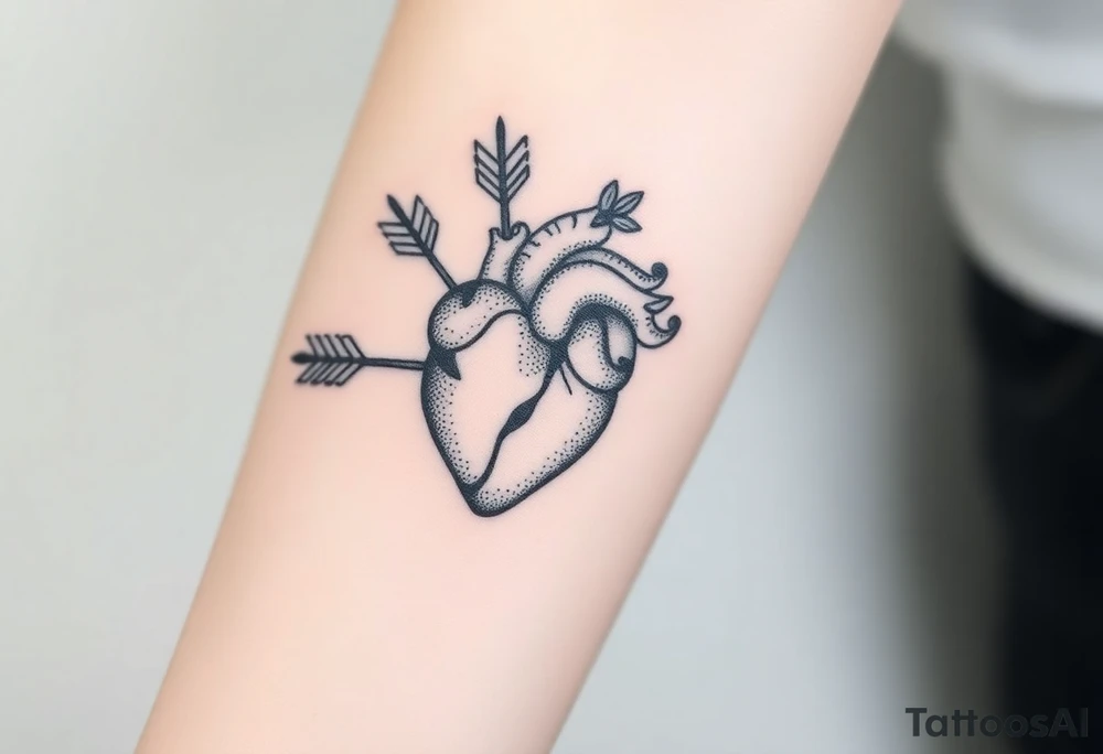 anatomical heart pierced by ornate arrow with flowing ribbons tattoo idea