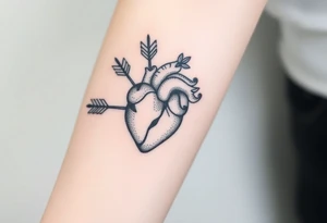anatomical heart pierced by ornate arrow with flowing ribbons tattoo idea