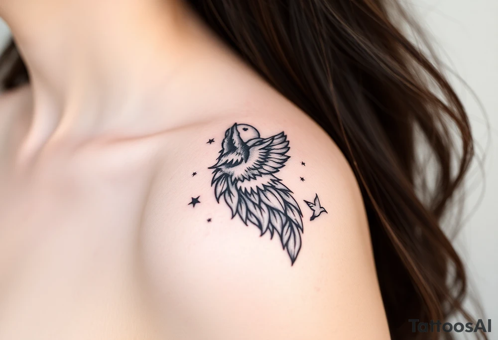 Wolf howling moon stars dove tattoo idea