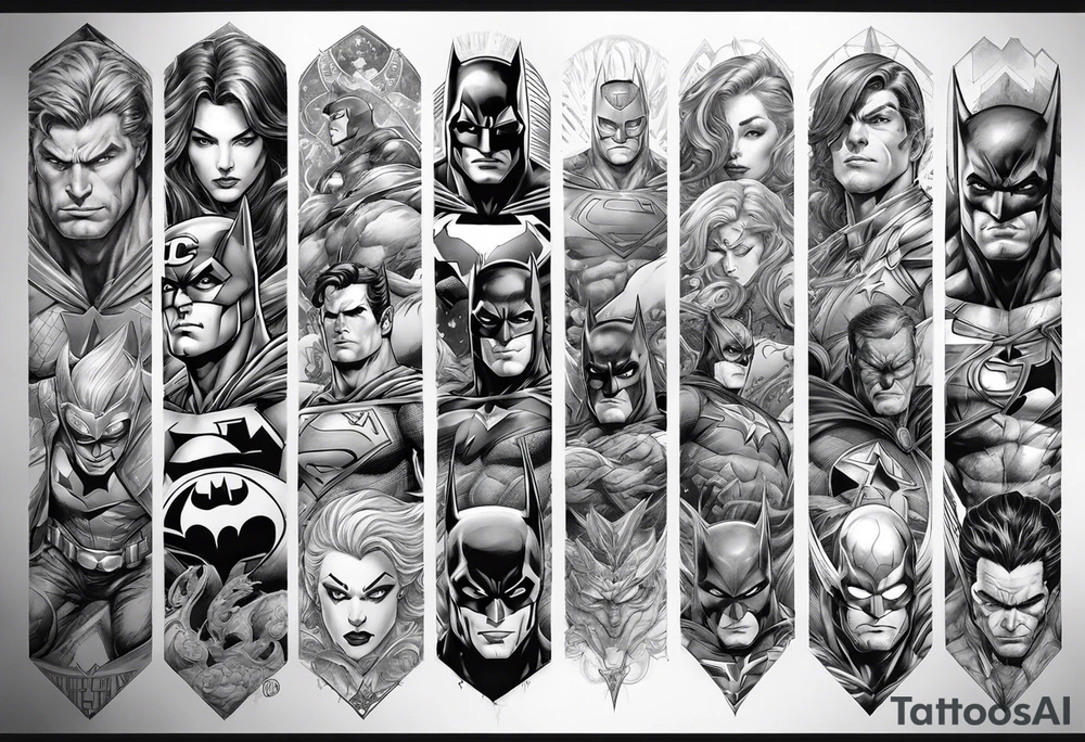 Full arm sleeve tattoo extending from shoulder to wrist featuring an assemble of only the emblems of DC comic heroes and villians.  Do not include the faces, only the emblems. tattoo idea