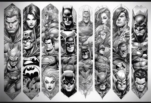 Full arm sleeve tattoo extending from shoulder to wrist featuring an assemble of only the emblems of DC comic heroes and villians.  Do not include the faces, only the emblems. tattoo idea