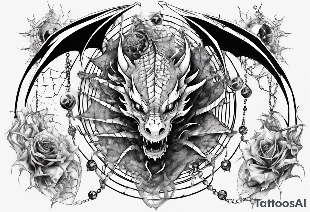 Dragon in a spiral spiderweb with jewels and shattered chalices and one spider tattoo idea