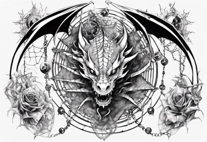 Dragon in a spiral spiderweb with jewels and shattered chalices and one spider tattoo idea